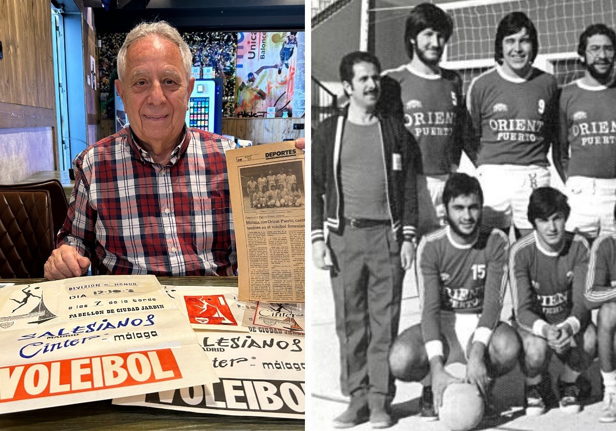 A la izquierda, Antonio Morales con recortes de periódicos y antiguos carteles; a la derecha, en una foto de equipo con el Orient-Puerto.