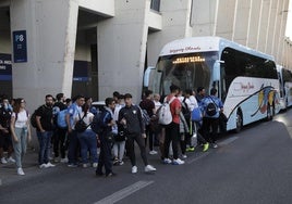 Imagen de aficionados del Málaga en el último gran desplazamiento a Lugo, en abril de 2023.