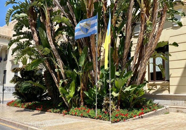 La bandera del Málaga, en la fachada principal del Ayuntamiento, delante de gran ave del paraíso.