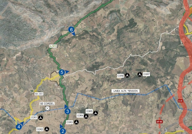 Mapa con los tres proyectos de parques eólicos planteados en la comarca de Antequera.