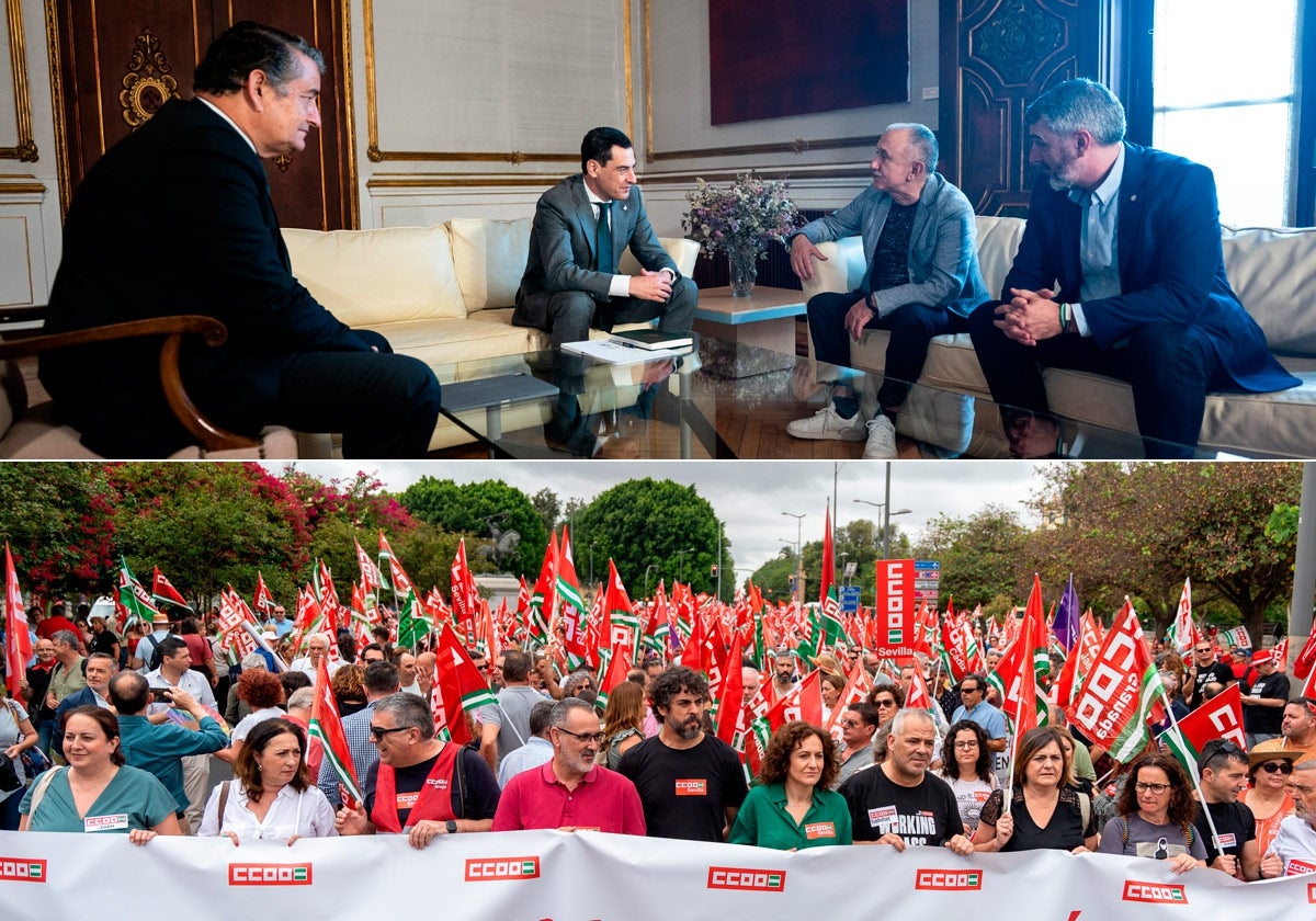 Arriba, la reunión de Moreno con los responsables de UGT; debajo, la manifestación convocada por CCOO