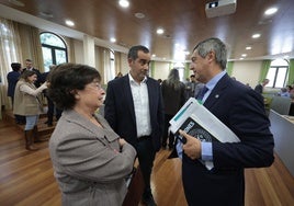 La gerente, Rosario Gómez, y el rector, con el inspector de servicios, Sergio Cañete, en el consejo de gobierno del mes de enero.