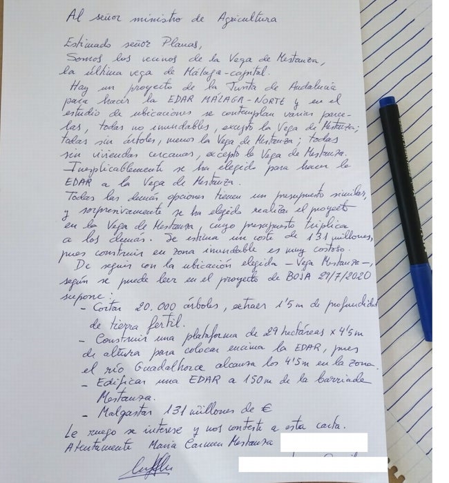 Carta escrita al ministro de Agricultura por parte de la plataforma.