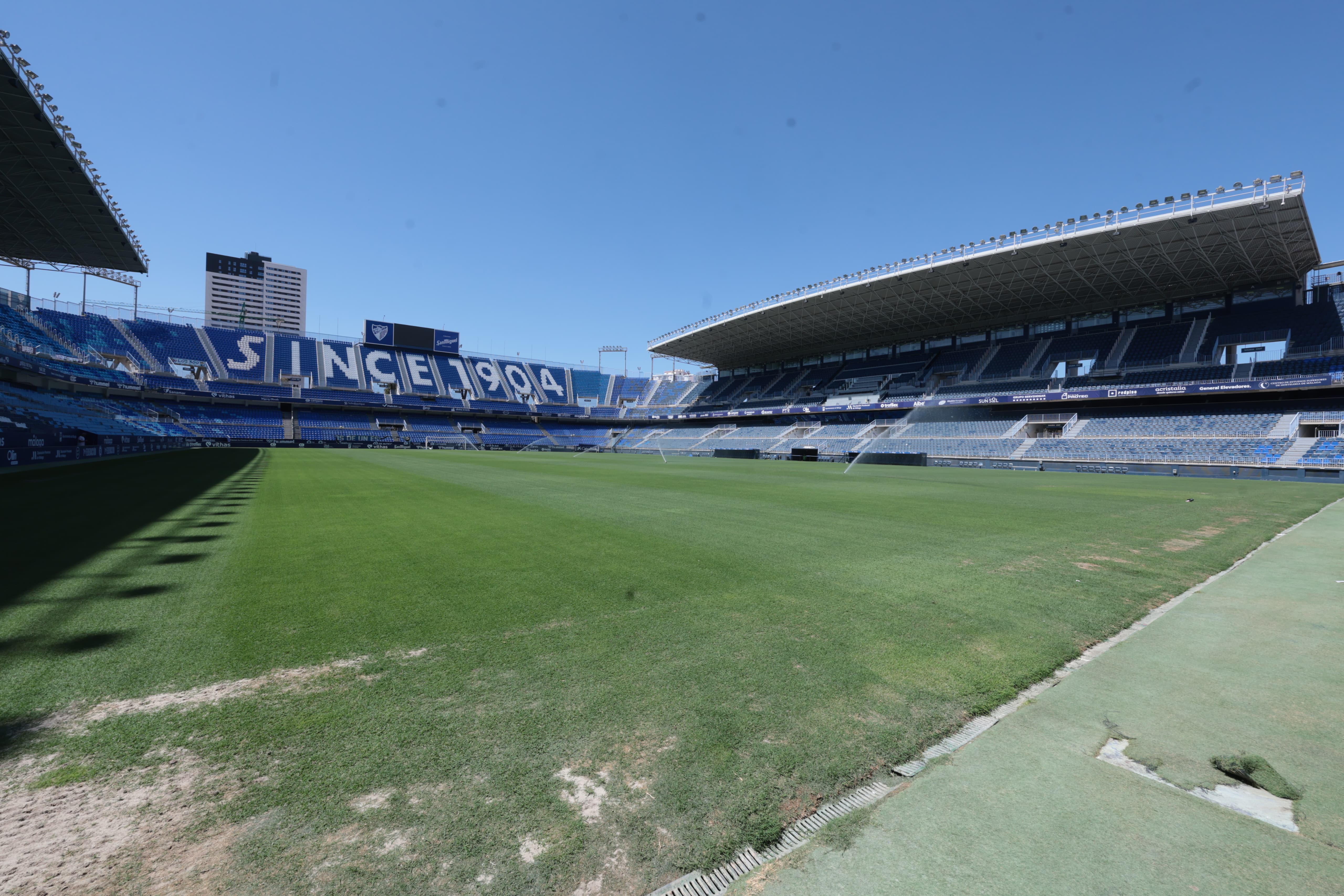 Estado actual del césped de La Rosaleda, en plena resiembra.
