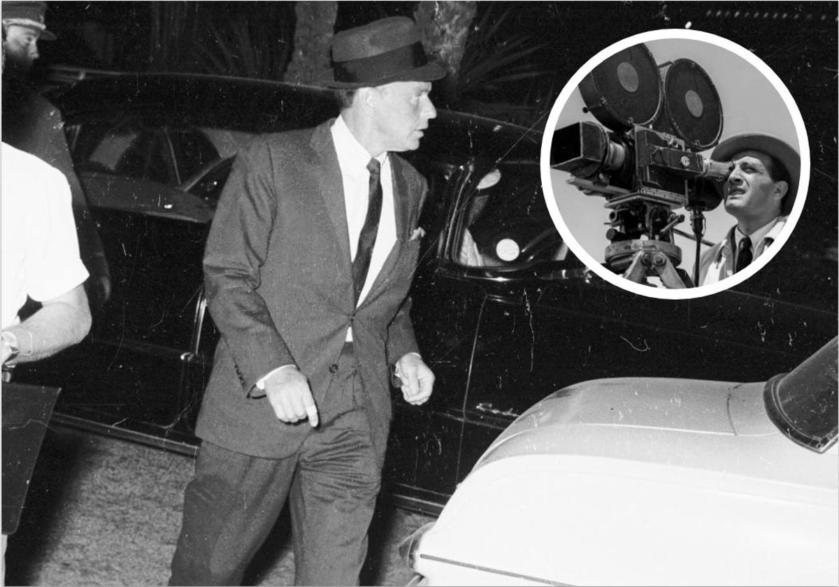 Frank Sinatra, a la salida de la comisaria de Málaga, tras ser detenido en 1964. En el círculo, García Maroto.