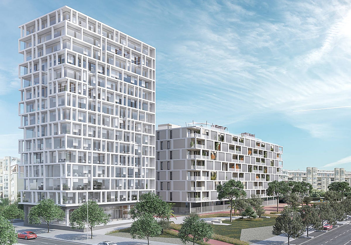 Recreación de la torre de planta baja más 13 que está prevista en los suelos de Portillo.