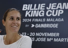 La capitana del equipo español de la Billie Jean King Cup, Anabel Medina, en la rueda de prensa ofrecida este viernes en Valencia.