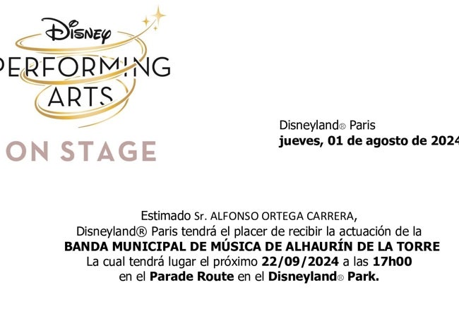 Carta remitida por Disney al director de la banda alhaurina.