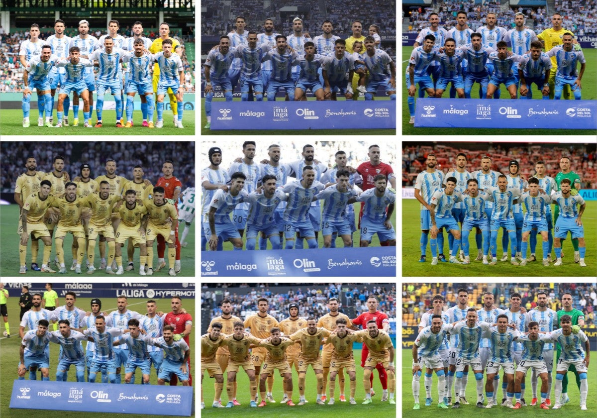 Las nueve alineaciones del curso, por orden cronolóico (de izquierda a derecha y, luego, de arriba a abajo) del Málaga este curso.