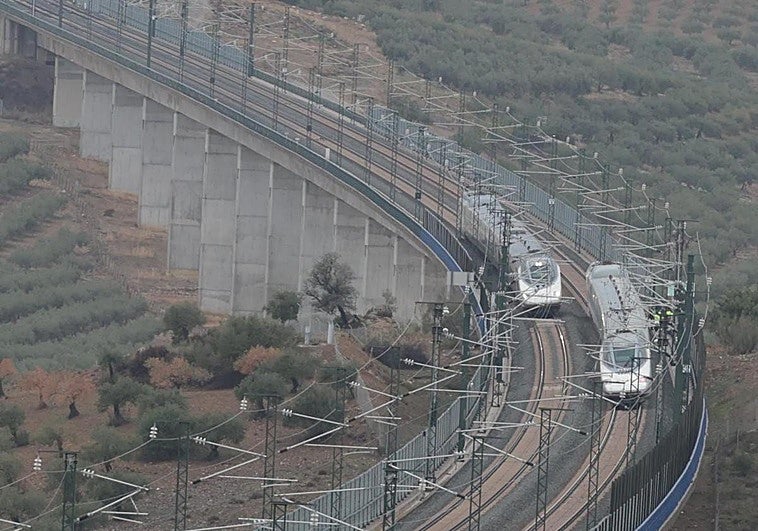 Un tren AVE pasa junto al convoy descarrilado.