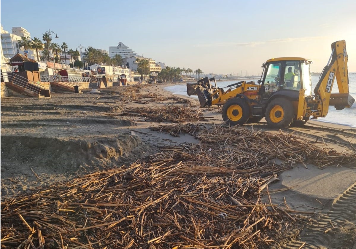 Maquinaria trabajando en la limpieza de la playa de Santa Ana, en Benalmádena.