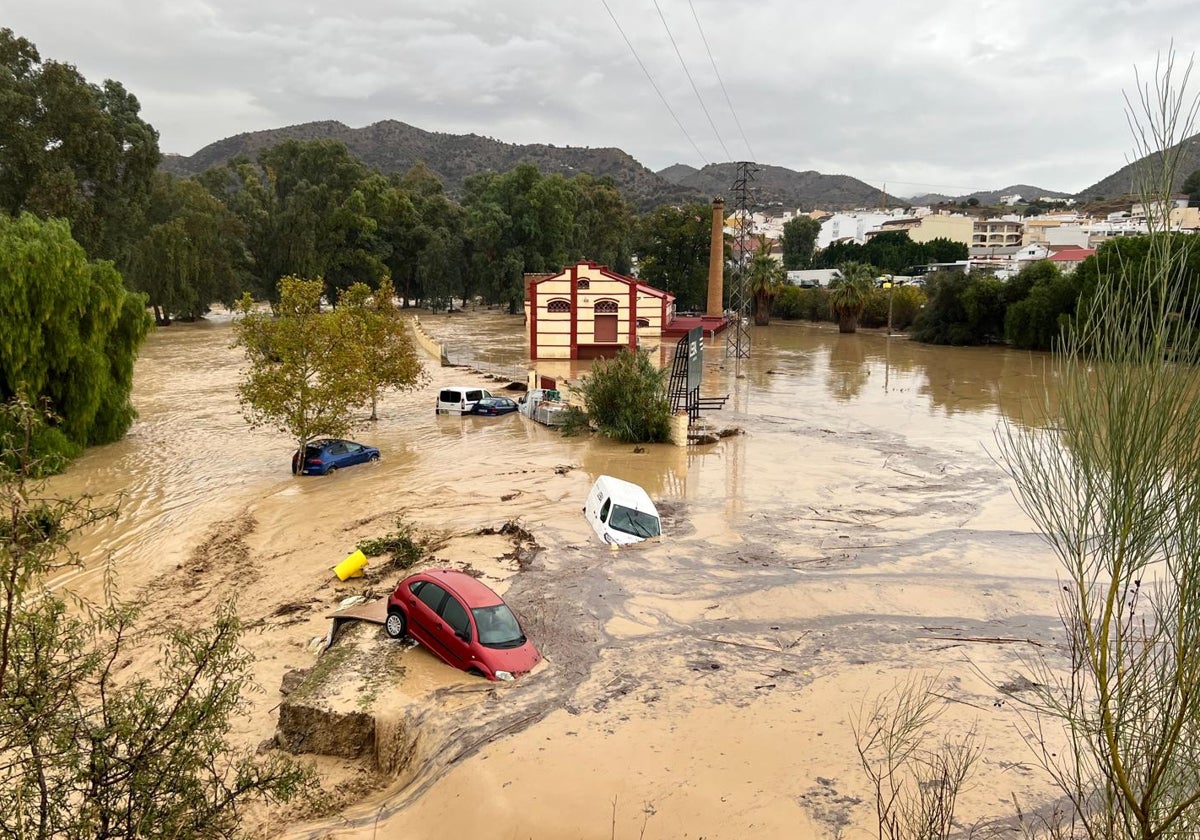 Coches dañados por la riada en Álora.