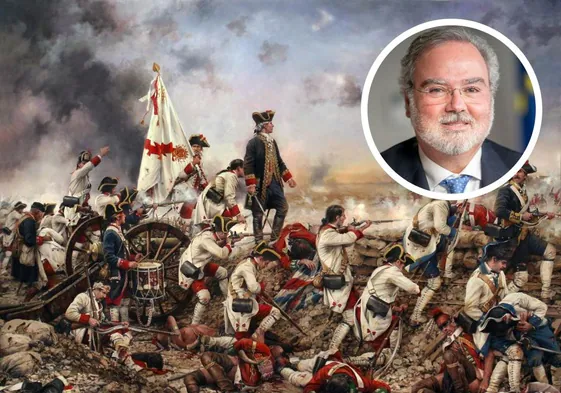 El cuadro Por España y por el Rey, Gálvez en América (2015), de Augusto Ferrer-Dalmau representa un momento de la batalla de Pensacola. En la imagen redonda, Leonardo Cervera, el autor del libro.