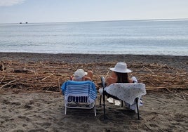 Dos personas intentan disfrutar de una estancia en la playa de Guadalmar, llena de cañas.