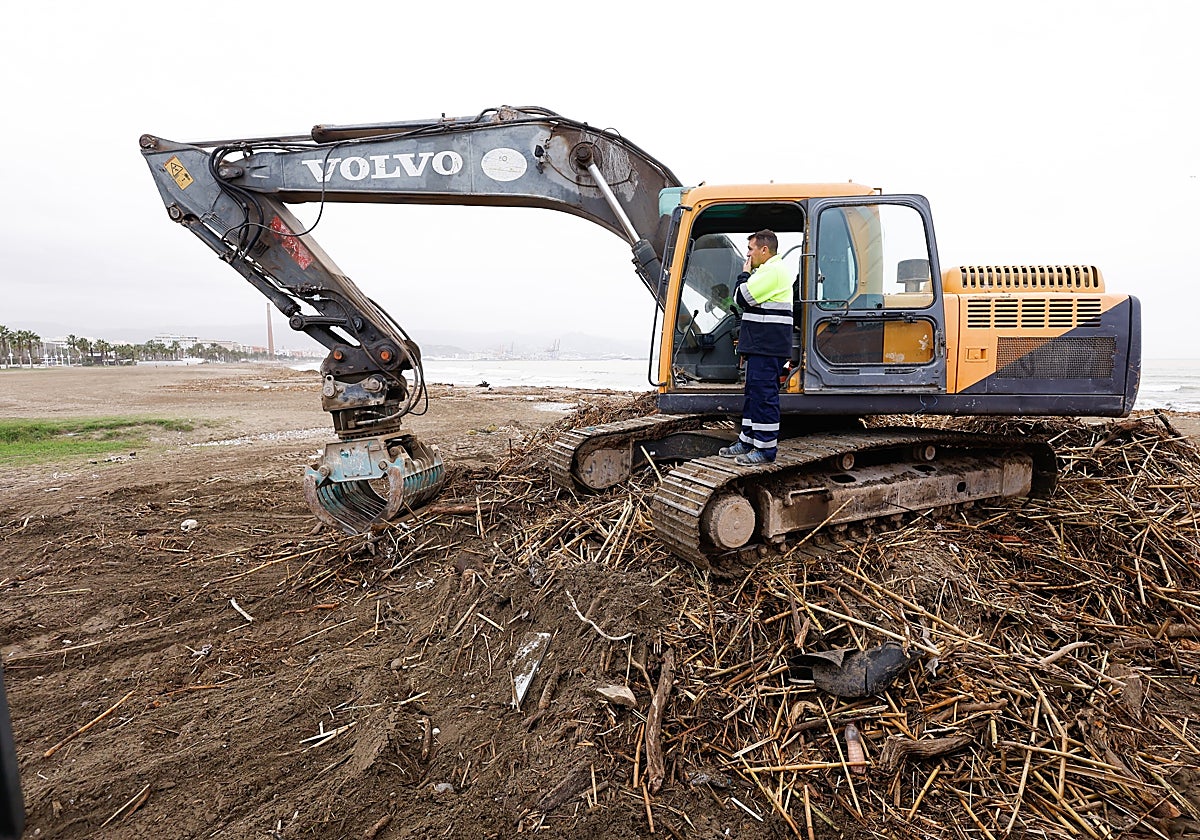 Retroexcavadora trabajando esta mañana en la playa de la Misericordia.