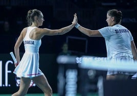 Mihalikova y Hrunkacova celebran un punto en el partido del pase a la final.