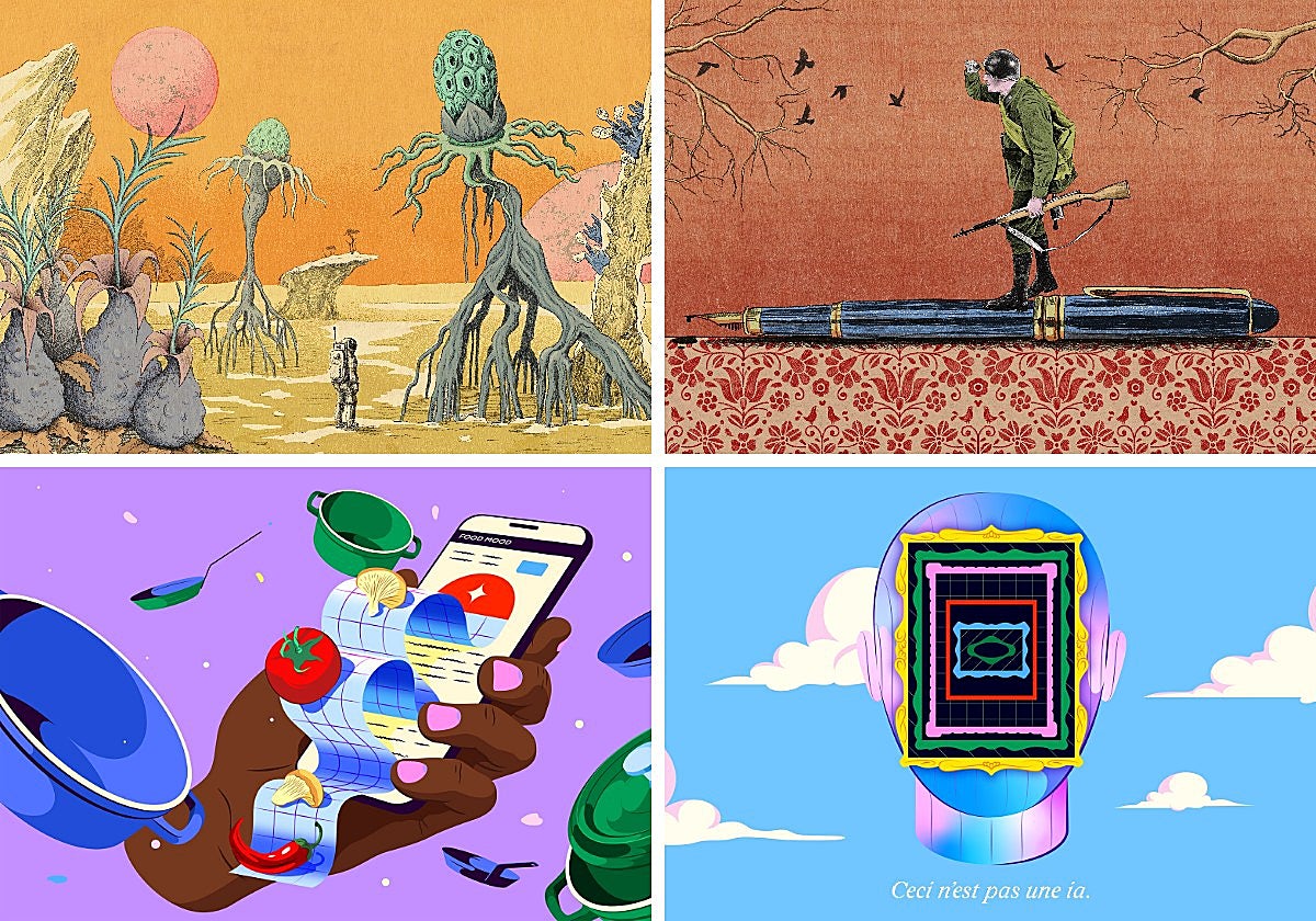 Arriba, ilustraciones de Emmanuel Lafont. Abajo, diseños de Estudio Santa Rita.