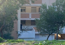 Un agente inspecciona un rellano junto a la vivienda de la víctima.