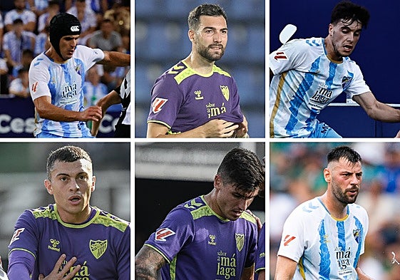 Los seis fichajes del Málaga esta temporada: Luismi, Álex Pastor, Lobete, Rahmani, Castel y Baturina.