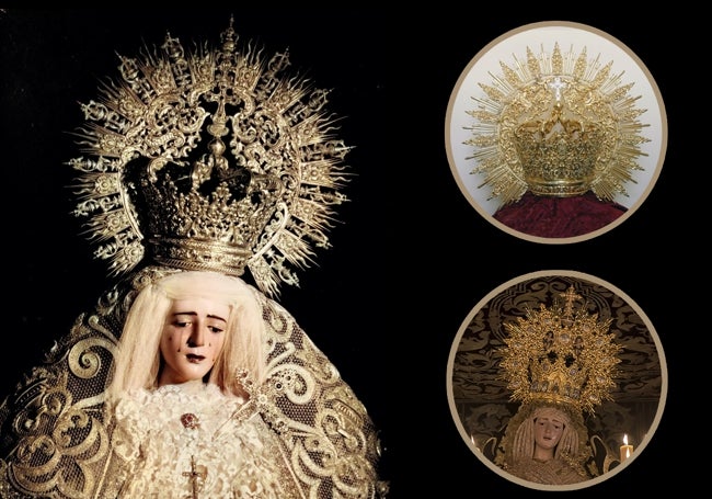La Virgen de los Dolores, con la corona robada. Arriba, la presea de coronación, y abajo, de las capillas.