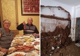 El matrimonio exiliado, en la Nochebuena del año pasado. A la derecha, el mismo comedor donde celebraron las fiestas, arrasado por el agua