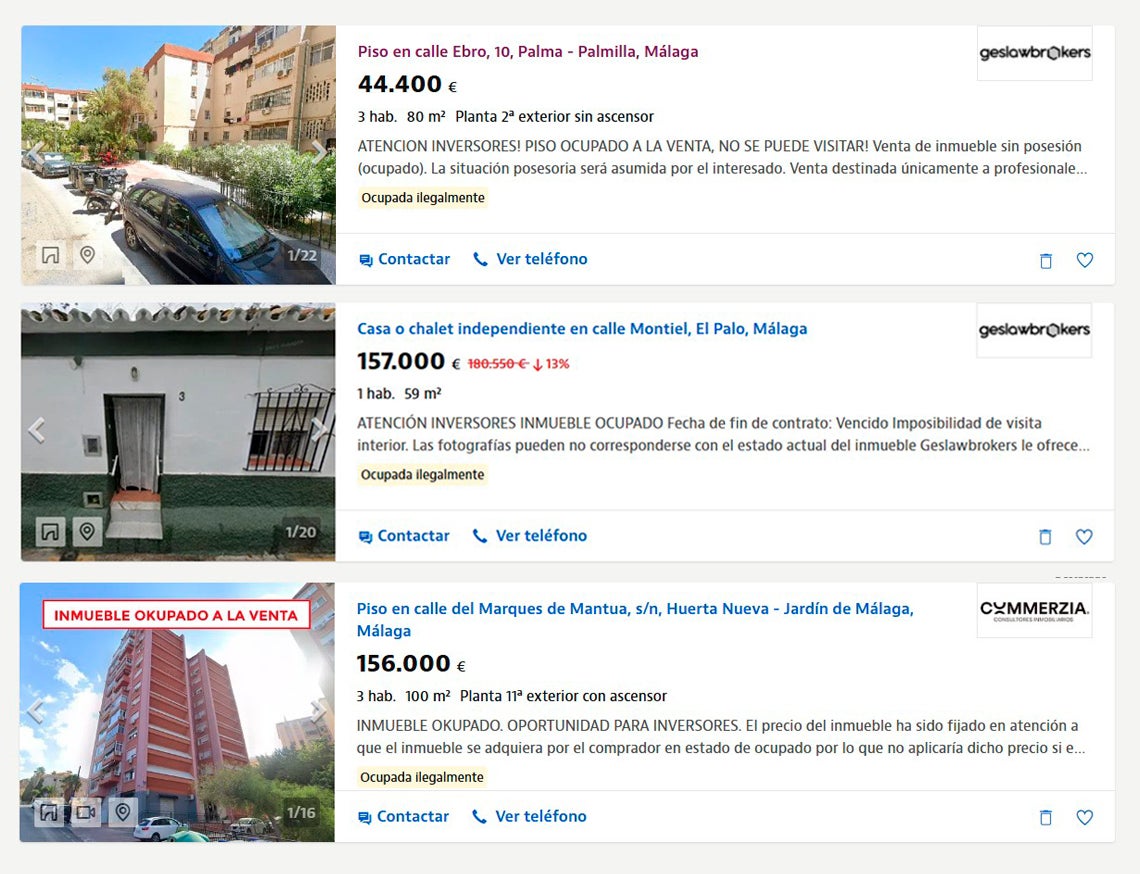 Algunos anuncios de viviendas en venta ocupadas ilegalmente.