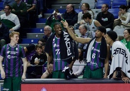 Los jugadores del Unicaja celebran en el banquillo la canasta de un compañero.