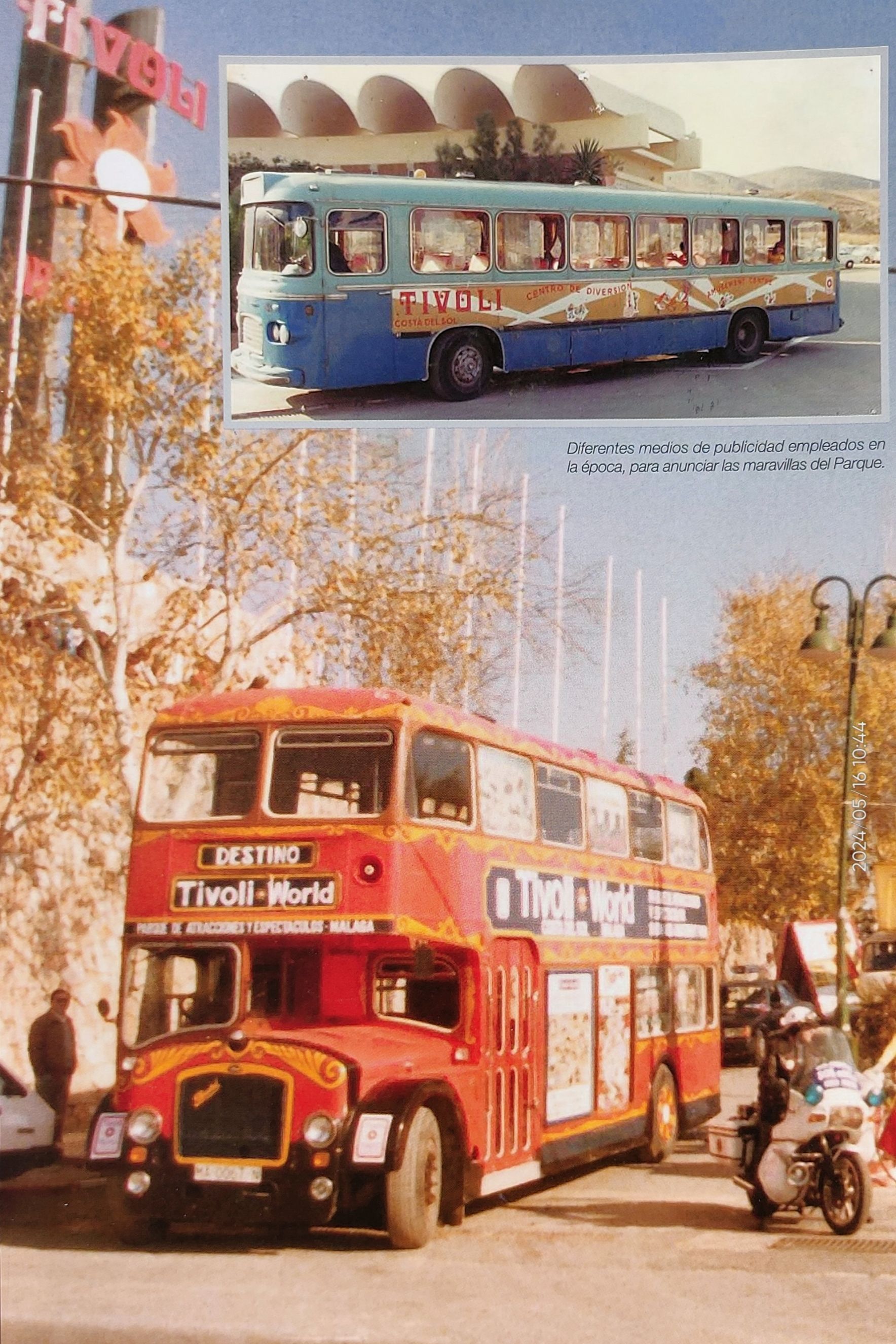 Autobús urbano y turístico en el que se anunciaba el parque de atracciones y que era un auténtico reclamo publicitario. A ellos se unían también pequeñas furgonetas que recorrían la costa anunciando los conciertos y que se identificaban rápidamente gracias a la banda sonora del parque