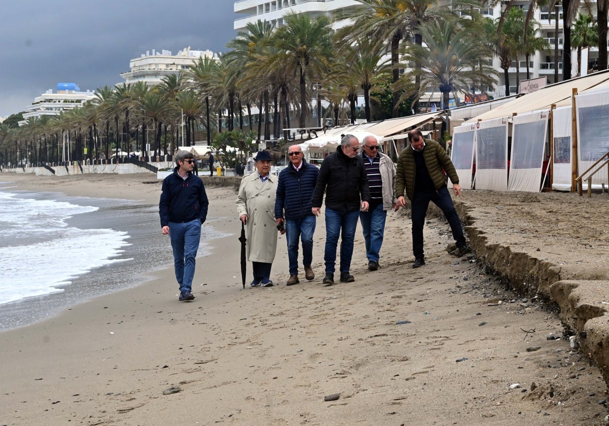 Miembros de la Asociación de Espigones Emergidos para Marbella ayer en la playa de La Fontanilla.