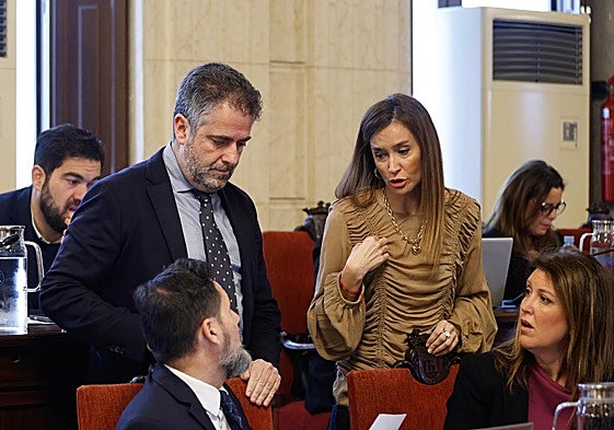 Pérez de Siles (derecha, de pie), se dirige en el pleno a Paco Pomares (Vivienda), Carlos Conde (Economía) y Carmen Casero (Urbanismo).