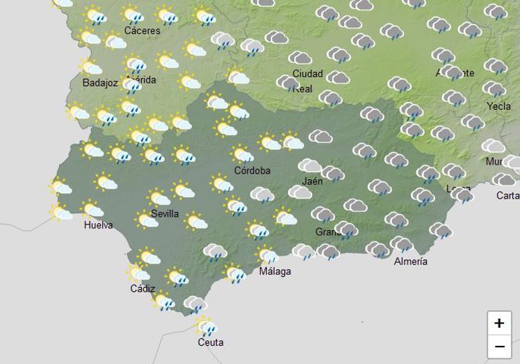 Probabilidad de lluvia en Andalucía el miércoles tarde, según Aemet.