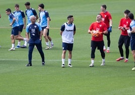 Pellicer, Luismi y Alfonso Herrero, sonrientes durante el entrenamiento del sábado en La Rosaleda.