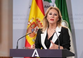 La consejera de Economía, Hacienda y Fondos Europeos y portavoz del Gobierno de Andalucía, Carolina España, interviene durante la rueda de prensa posterior al Consejo de Gobierno de abril.