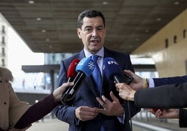 Juanma Moreno, este jueves tras reunirse con el comisario de Agricultura, Christophe Hansen.