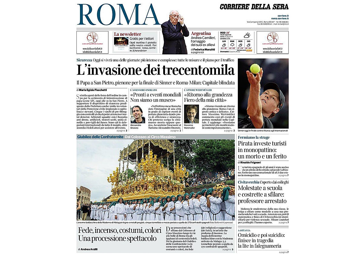 Portada del periódico italiano en la que aparece la Virgen de la Esperanza en Roma.