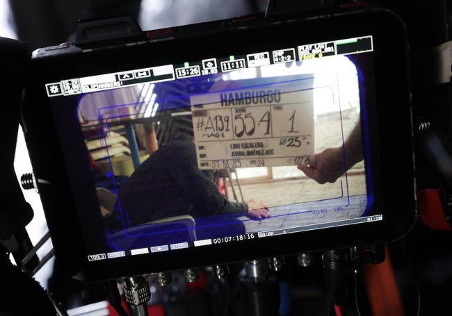 Claqueta de rodaje de la película 'Hamburgo', durante una escena en Málaga.