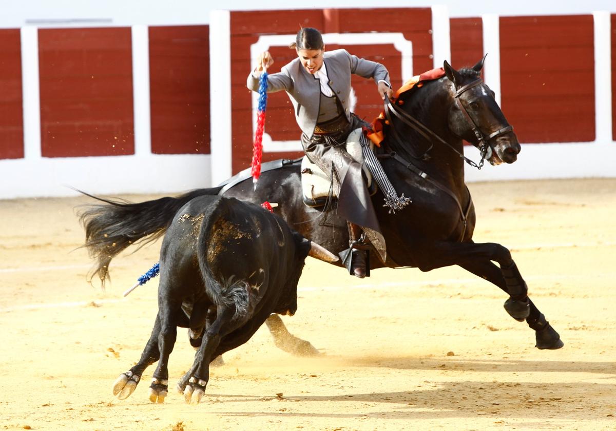 Imagen principal - Arriba, a Lea Vicens le falló el estoque de matar. Abajo, a la izquierda, el de Fuengirola, Santa Claros, se sentó en una silla para dar pases a su segundo. A la derecha, dos orejas para la novillera Olga Casado en su primero
