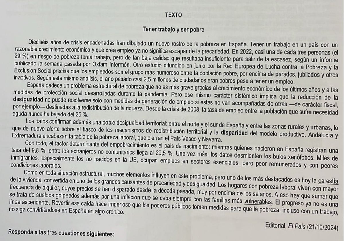 El texto que han tenido que analizar los alumnos en el primer examen de Selectividad.