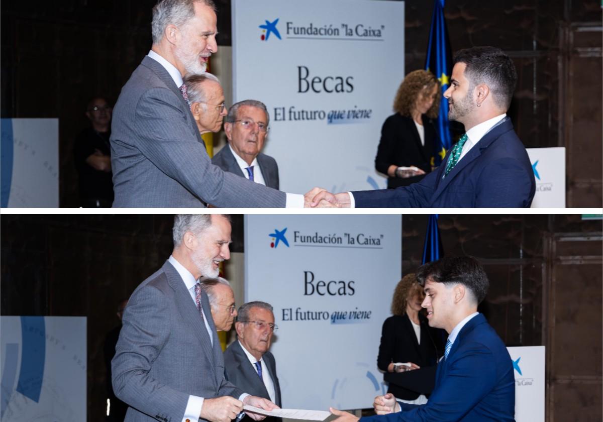 Arriba, Rafael José Fernández-Delgado Ruiz y, abajo, Samuel María Andrés Luque Astorga reciben sus respectivas becas de manos del Rey.