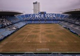 Panorámica del terreno de juego de La Rosaleda este lunes.