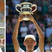 Alejandro Davidovich y Chun-Hsin Tseng, con el trofeo de ganadores de Wimbledon en categoría junior en 2017 y 2018, respectivamente.