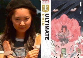 La autora e ilustradora Peach Momoko, junto a su primera portada para la saga 'Ultimate X-Men'.
