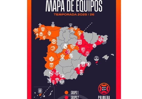 El mapa oficial de los grupos 1 y 2 de Primera RFEF en la temporada 2025-26.