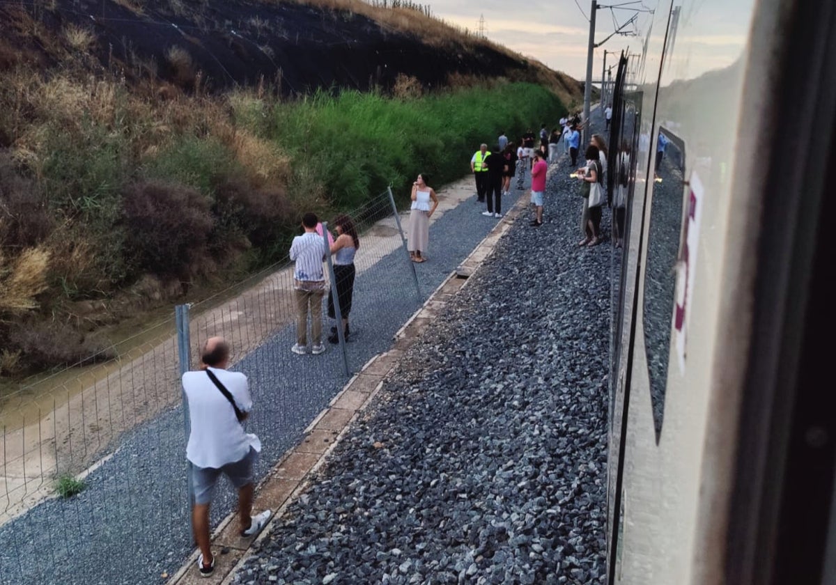 Viajeros junto al tren que se quedó varado a la altura de La Sagra, en Toledo, ayer.