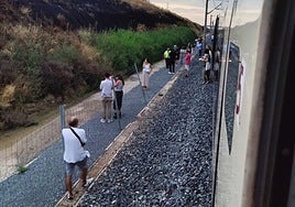 Viajeros junto al tren que se quedó varado a la altura de La Sagra, en Toledo, ayer.