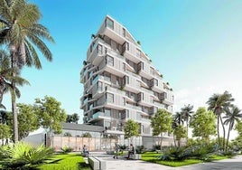 Infografía de Málaga Río, un complejo residencial con piscina, coworking, gimnasio, pista de pádel y jardines.