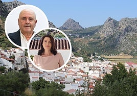 Vista de Benaoján; en las imágenes redondas Guillermo Becerra y Soraya García Mesa.