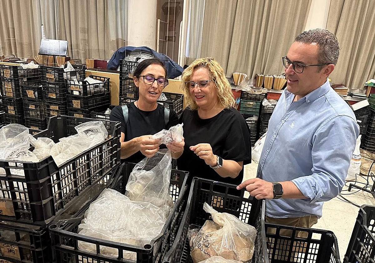 La alcaldesa de Fuengirola, Ana Mula, y el concejal de Cultura, Rodrigo Romero, observan hallazgos arqueológicos.