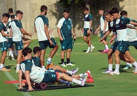 Los jugadores del Málaga se ejercitan la mañana de este jueves en la concentración de Estepona.
