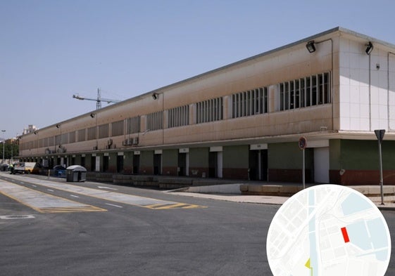 Actual lonja pesquera y su ubicación en el plano del puerto de Málaga.